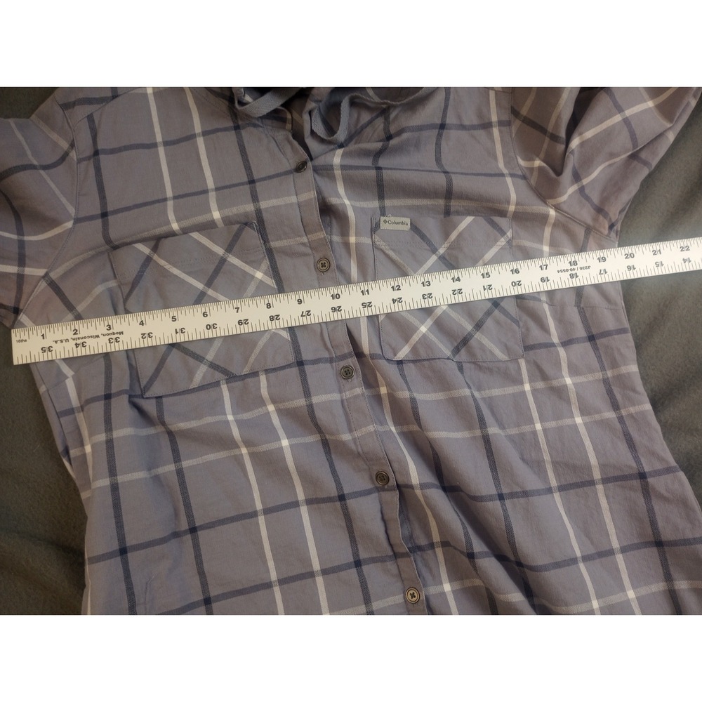 Columbia Jacket, Plaid Cotton Button Up Shirt Hoodie Women's M Purple Shacket - Picture 4 of 10
